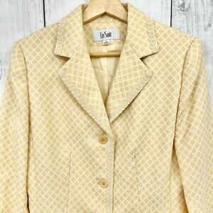 NWT Le Suit Town and Country Yellow Beige Diamond Tweed Blazer 3 Button SIZE 8
